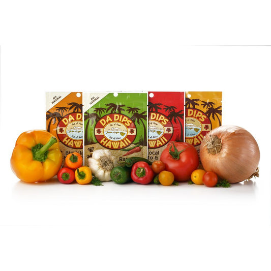 Da Dips Hawaii spice collection – Roasted Maui Onion, Big Island Kiawe BBQ, Tomato & Herb, and Sriracha Ranch – bold island flavors – SB Spices