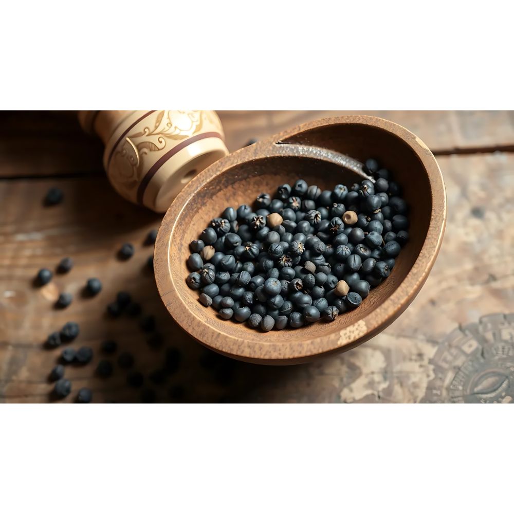 Whole dried juniper berries in bowl