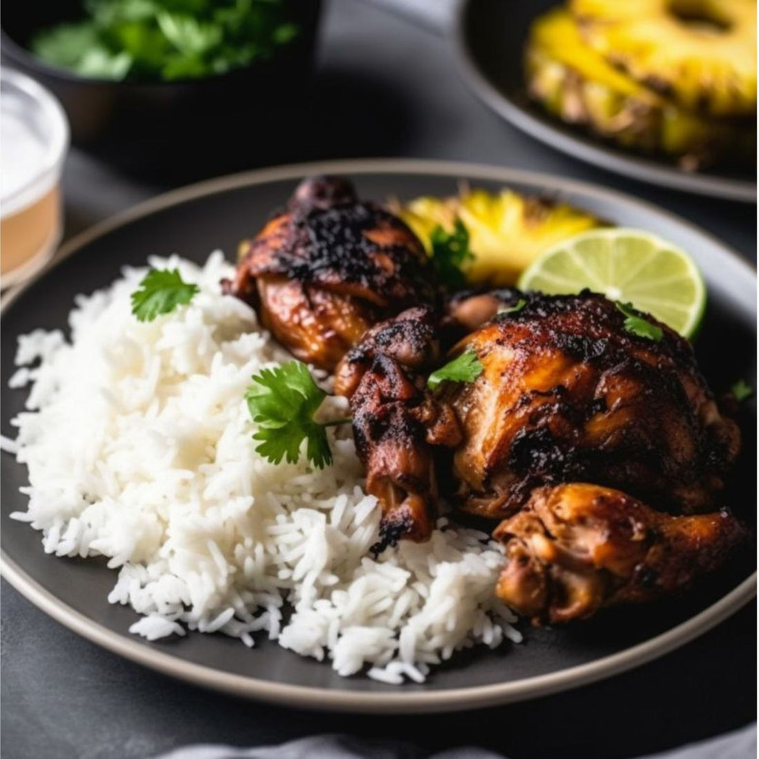 Jamaican Allspice Chicken served with white rice and pineapple — flavorful Caribbean recipe using SB Spices Allspice Ground