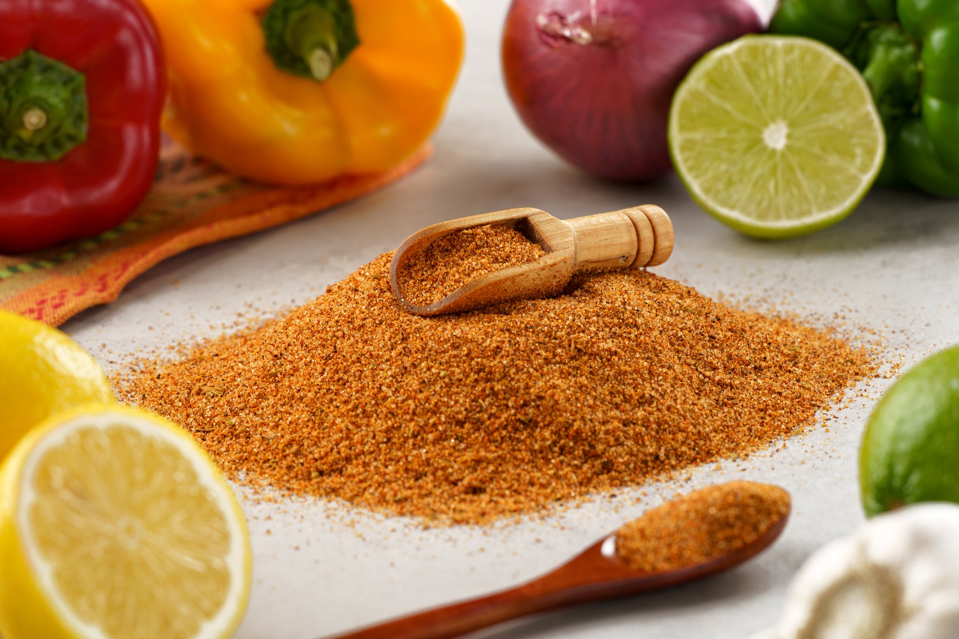 Fajita Seasoning displayed with raw ingredients – paprika, cumin, garlic – perfect for Tex-Mex cooking – SB Spices

