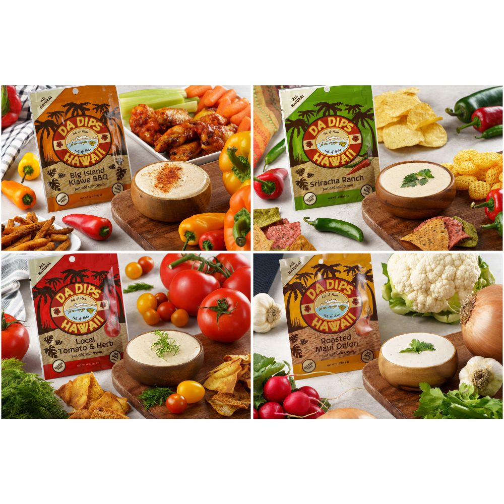 Da Dips Hawaii spice blends used in dips – Maui Onion, Kiawe BBQ, Tomato Herb, and Sriracha Ranch – authentic Hawaiian taste – SB Spices