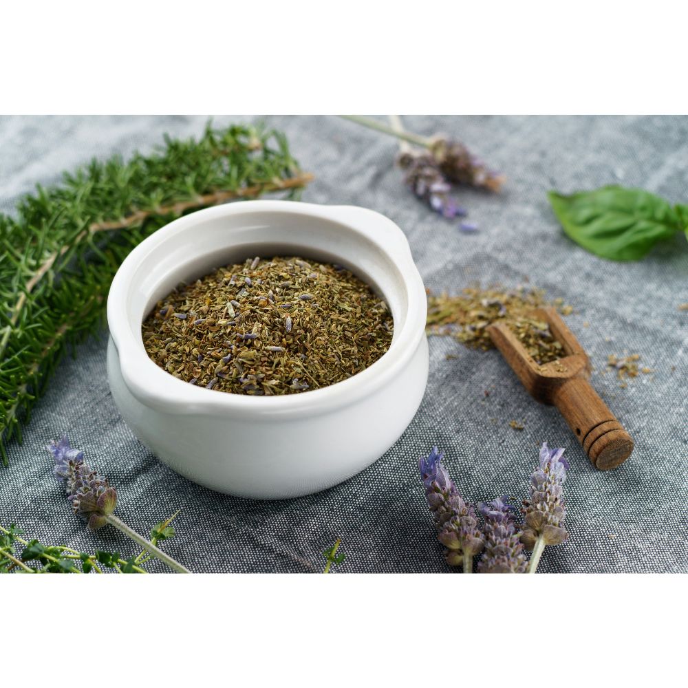 Herbs de Provence in a small bowl – French seasoning blend for meats, vegetables, and Mediterranean cooking – SB Spices