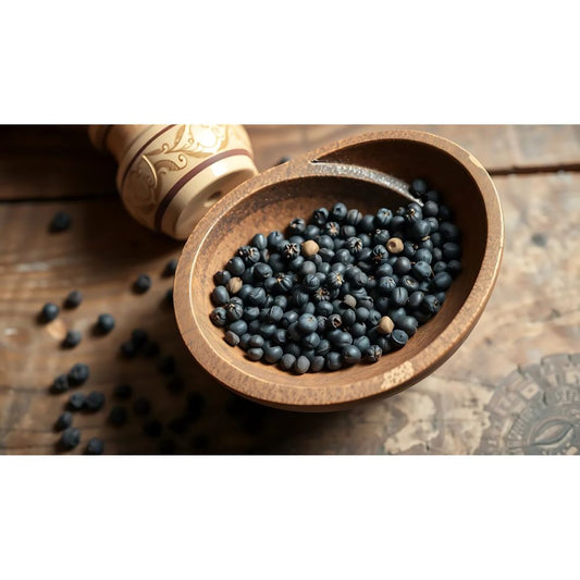 Whole dried juniper berries in bowl