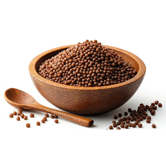 Brown mustard seeds in jar