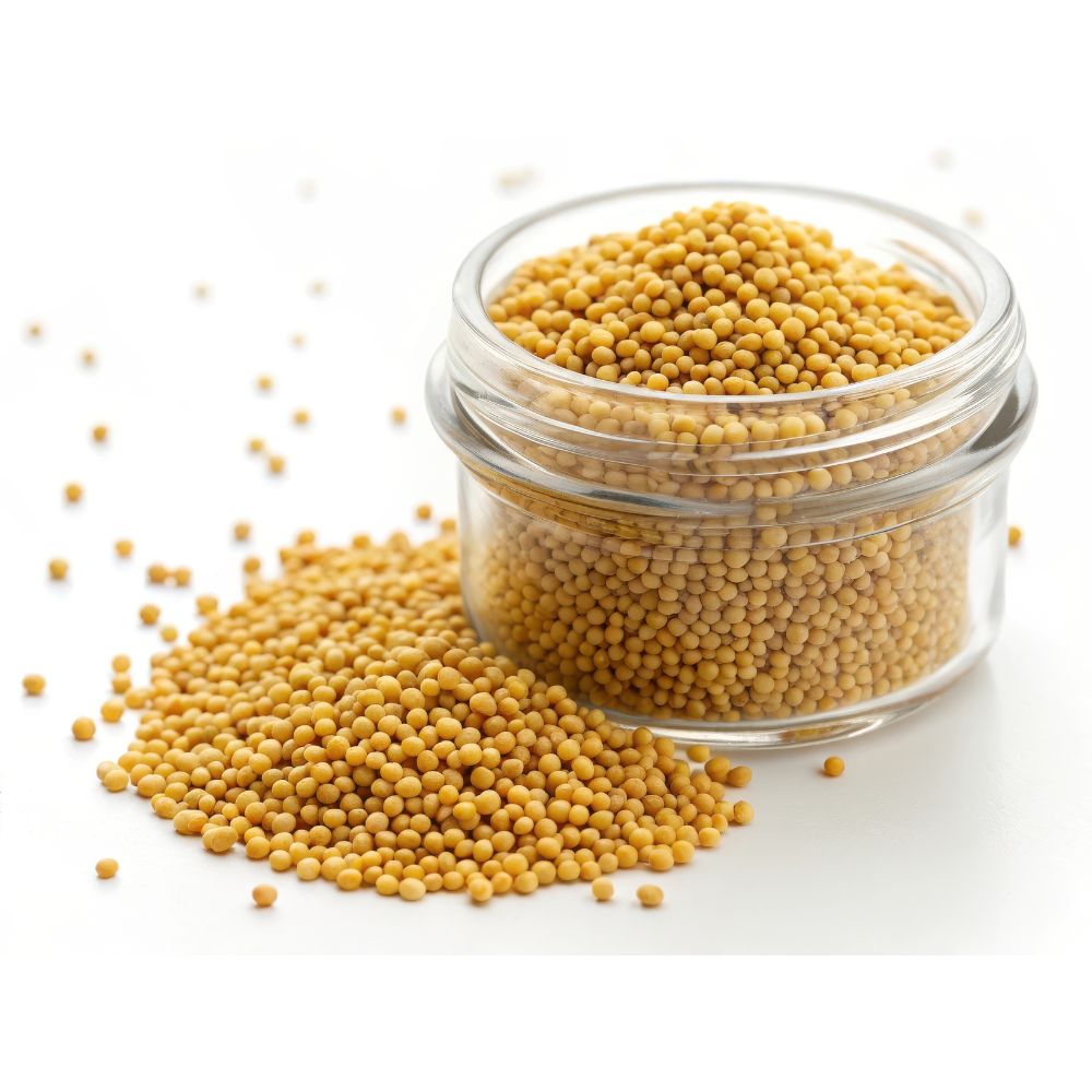 Yellow mustard seeds in glass jar