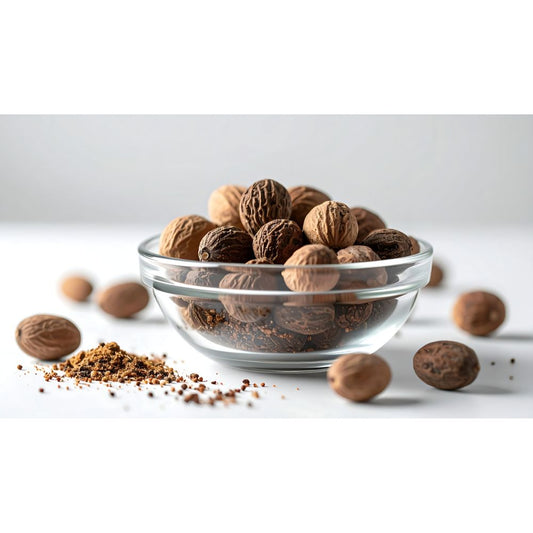 Whole nutmeg seeds in glass jar