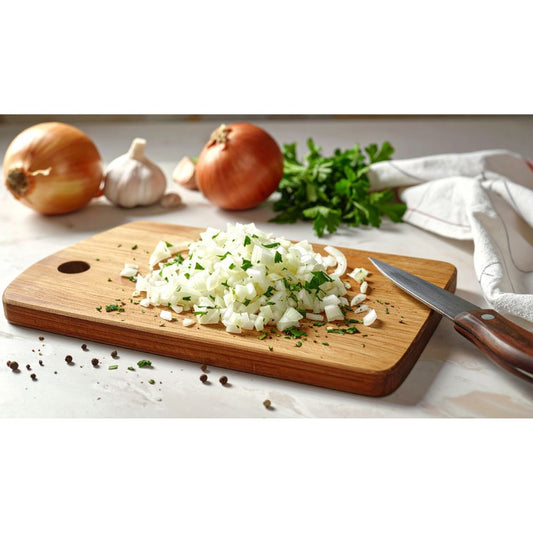 Close-up of chopped dried onion pieces